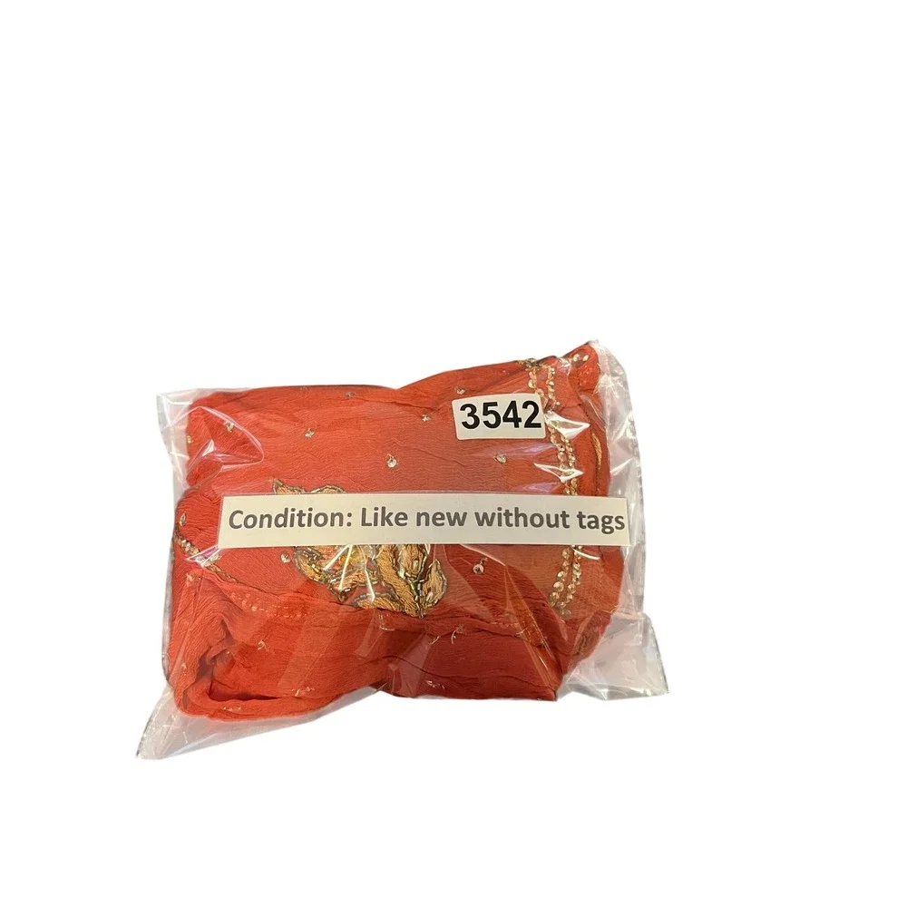 Orange Red Sequin Embroidered Crinkle Chiffon Dupatta‎ Scarf Gold Floral Detail
